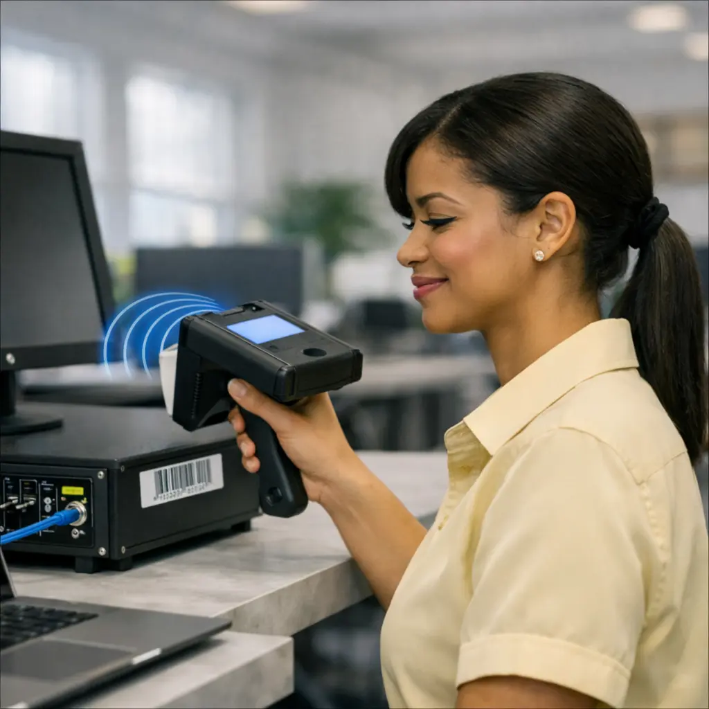 Simplificando o RFID para o seu negócio – profissional utilizando leitor RFID para rastrear ativos e equipamentos em ambiente corporativo.