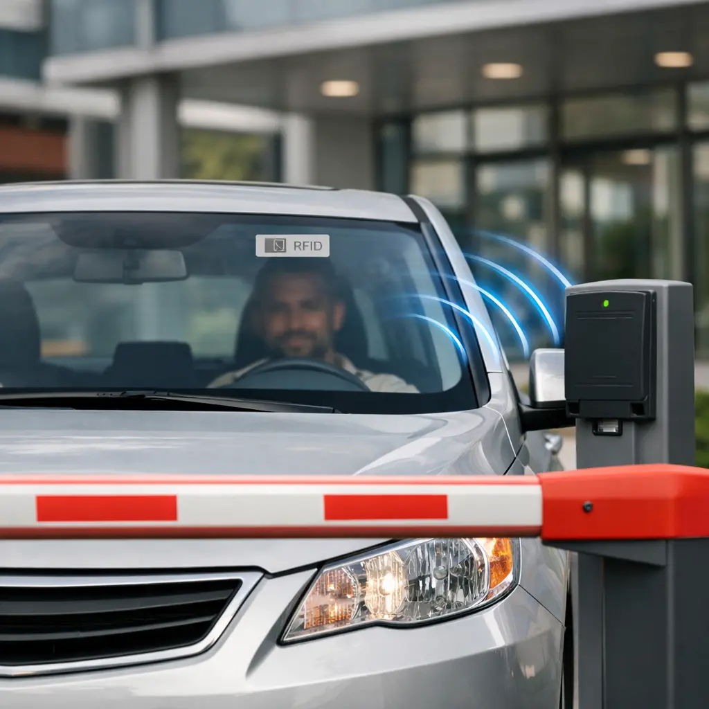 Simplificando o RFID para o seu negócio – veículo passando por leitor RFID em controle de acesso automotivo.