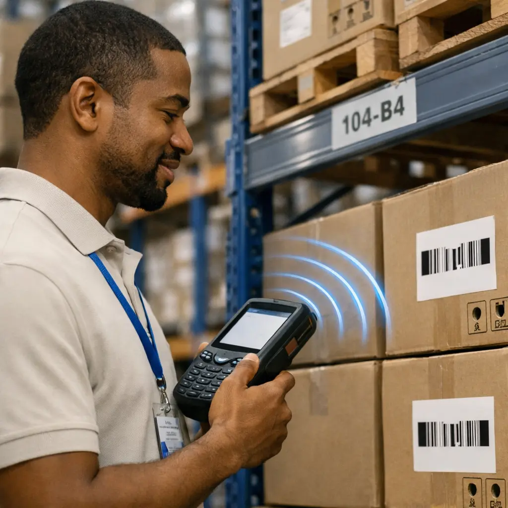 Simplificando o RFID para o seu negócio – operador realizando leitura RFID em pacotes e caixas para automação de armazéns.