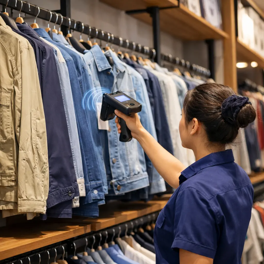 Simplificando o RFID para o seu negócio – profissional escaneando etiquetas RFID em roupas de varejo para controle de estoque.