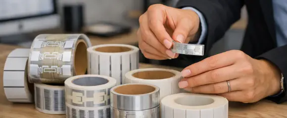 essoa segurando etiqueta RFID prateada sobre mesa com vários rolos de etiquetas eletrônicas, representando tecnologia de rastreamento e identificação inteligente em processos industriais.
